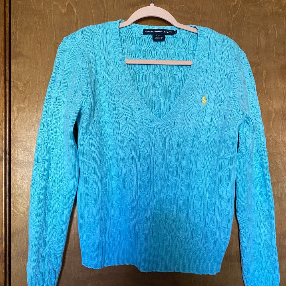 Ralph Lauren Aqua cotton cable V neck sweater size Large
